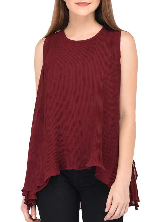 women maroon regular fit asymmetric top 