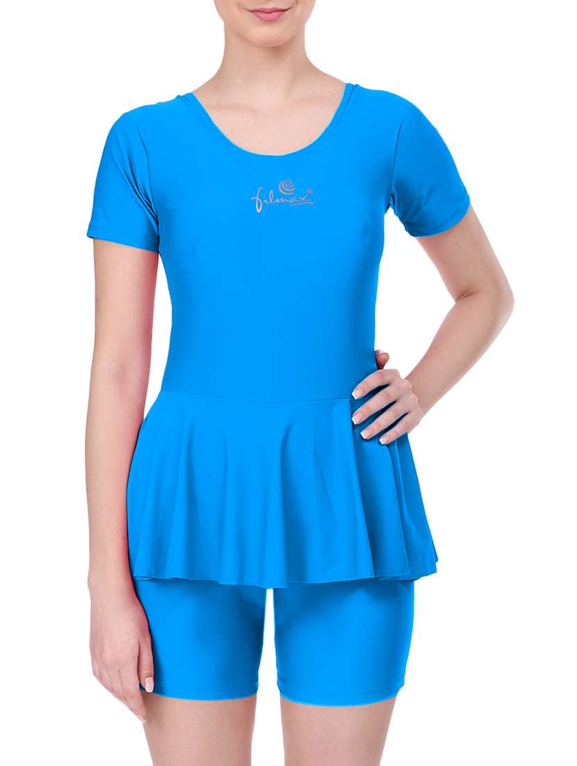 fluttered hem solid functional swimsuit