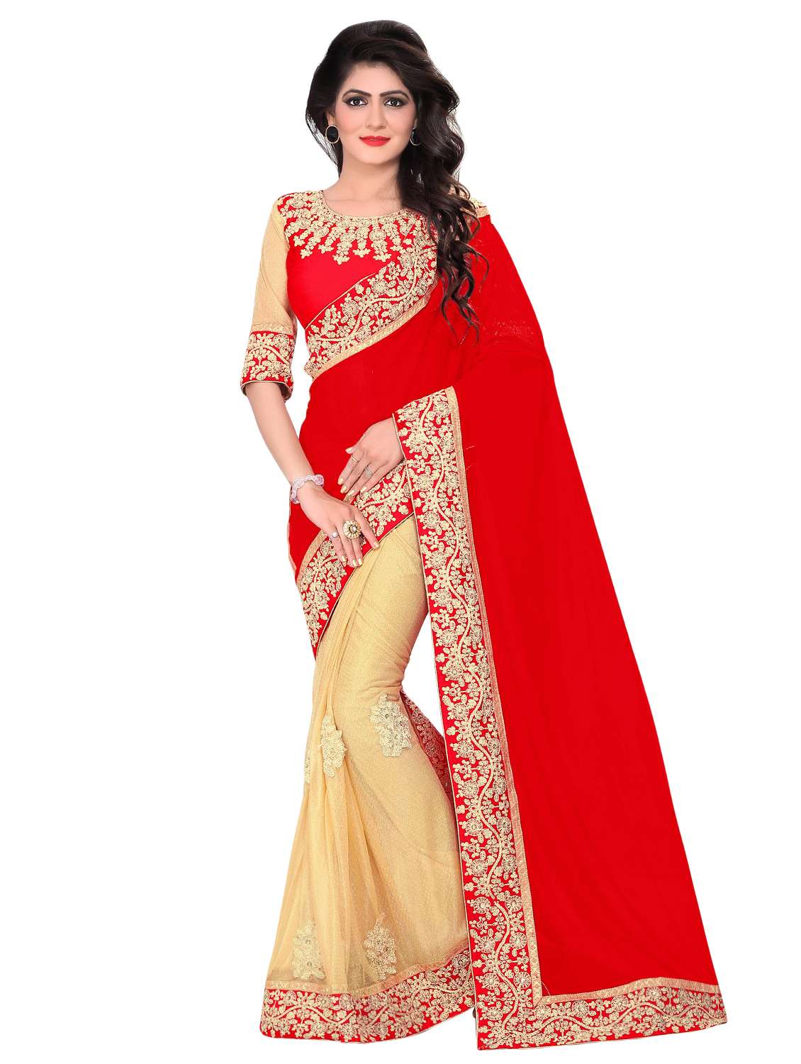 floral border half and half saree with blouse