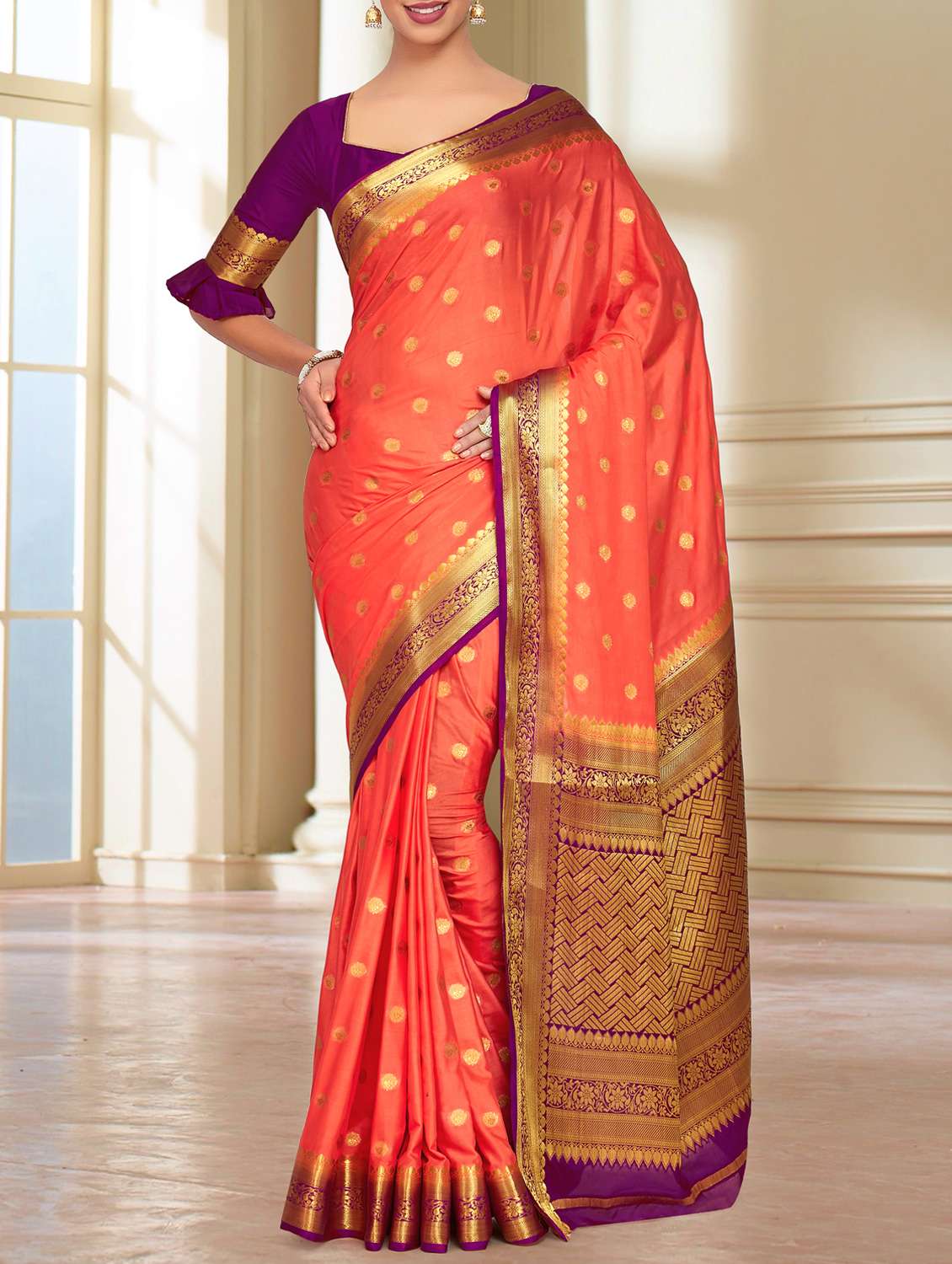 gold zari motif kanjivaram saree