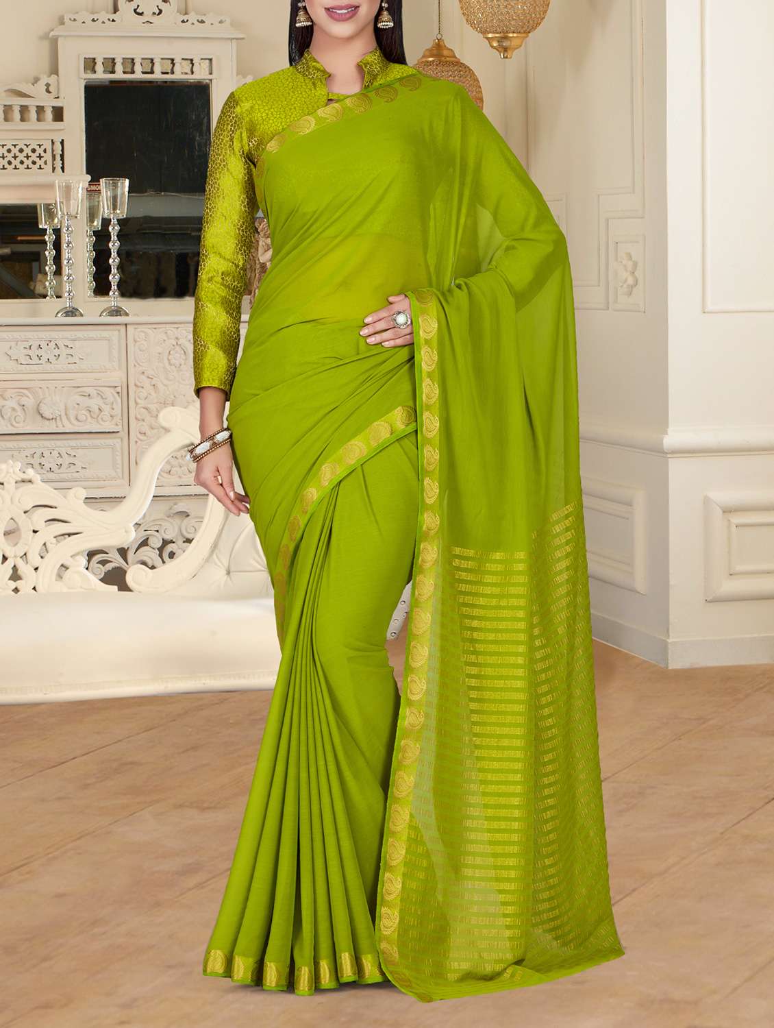 paisley zari border mehandi saree