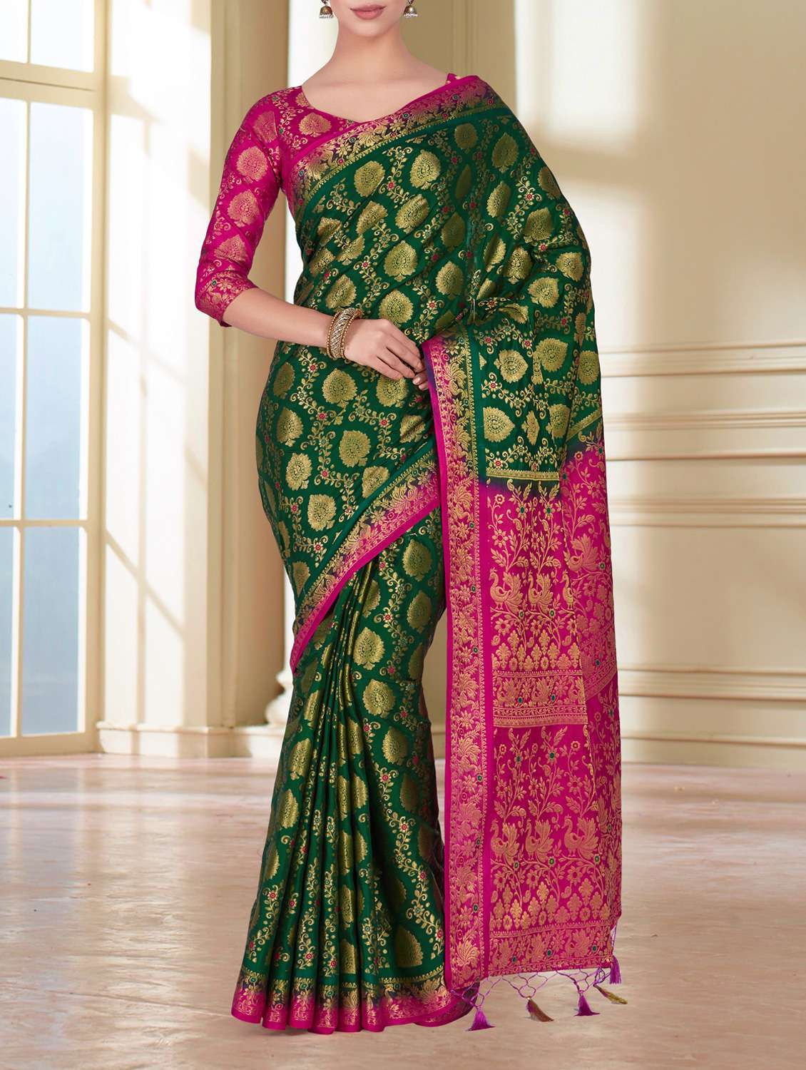 women's self design green colored saree