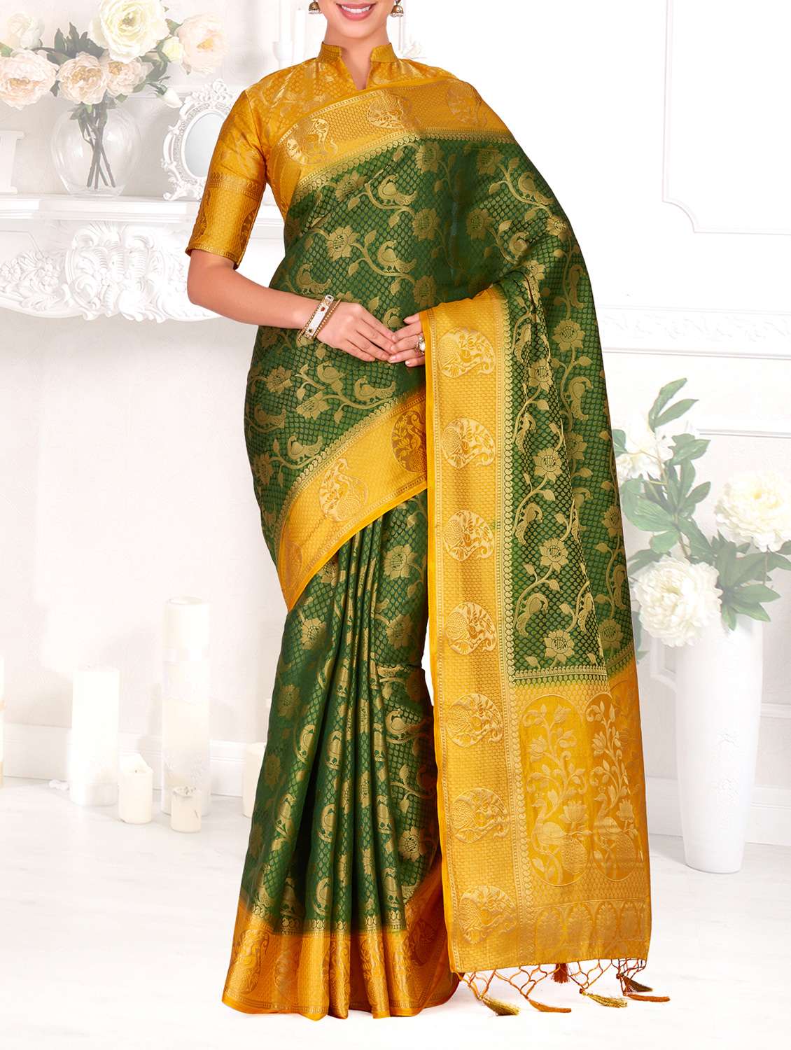 contrast boder conversational kanjivaram saree