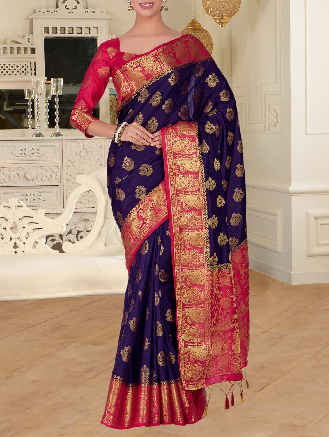 women's self design navy blue colored saree