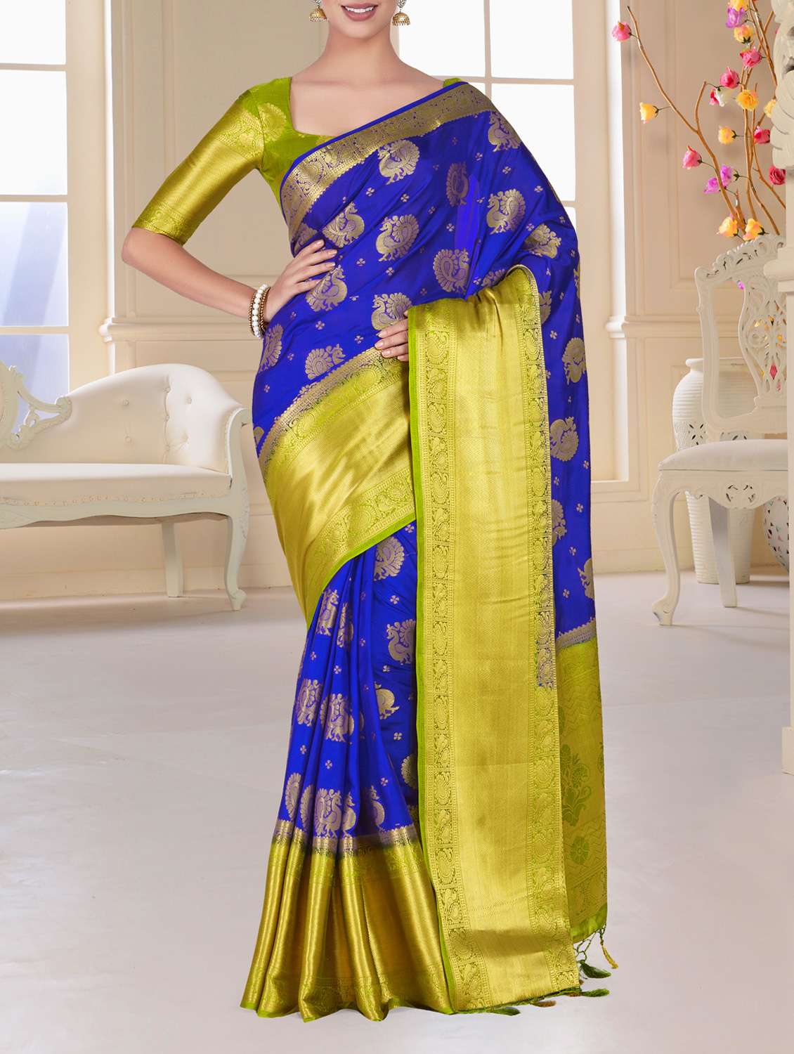 women's self design royal blue colored saree
