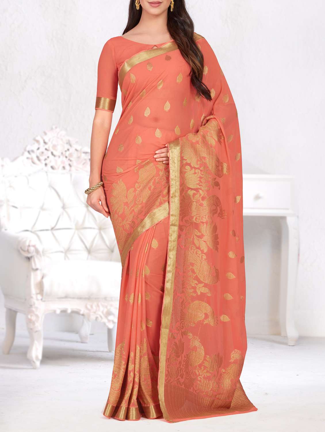 gold zari floral kanjivaram saree