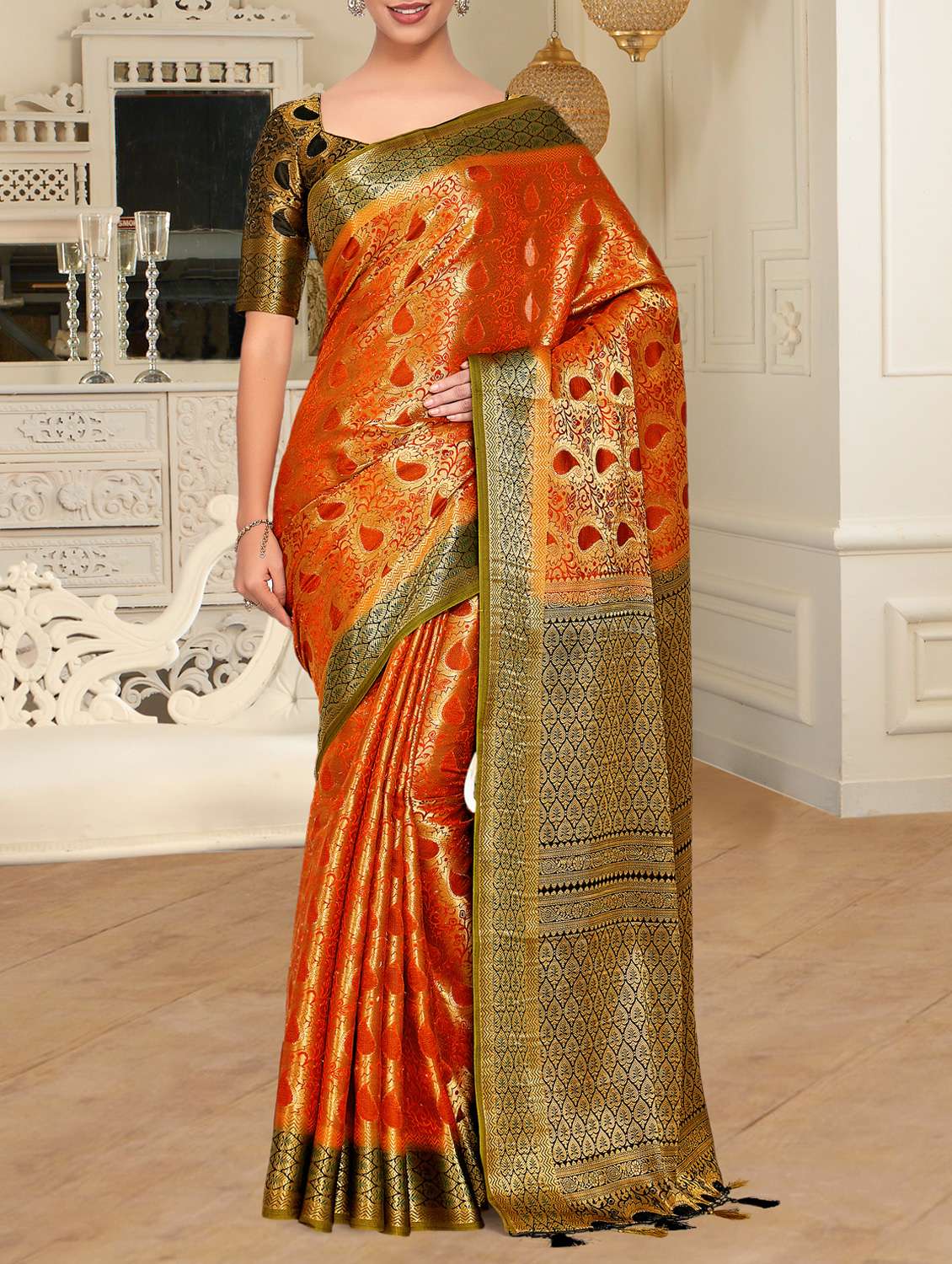 gold pallu paisley kanjivaram saree