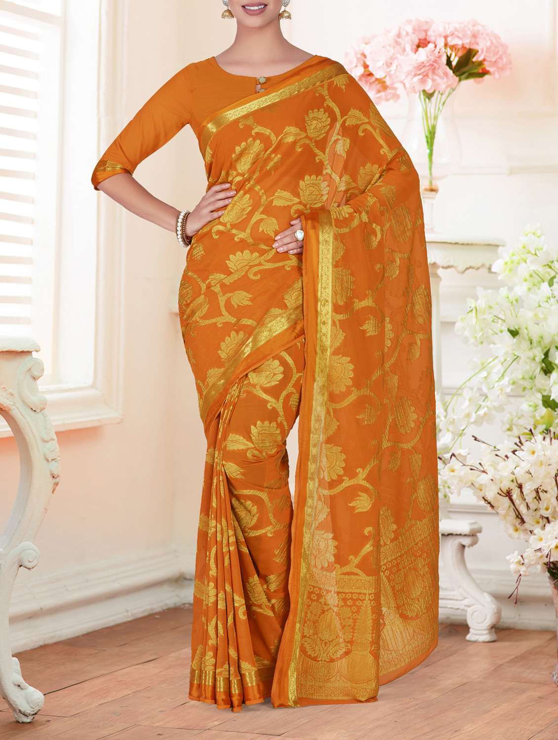 gold zari floral kanjivaram saree