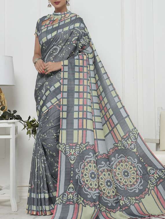 checkered grey printed saree with blouse