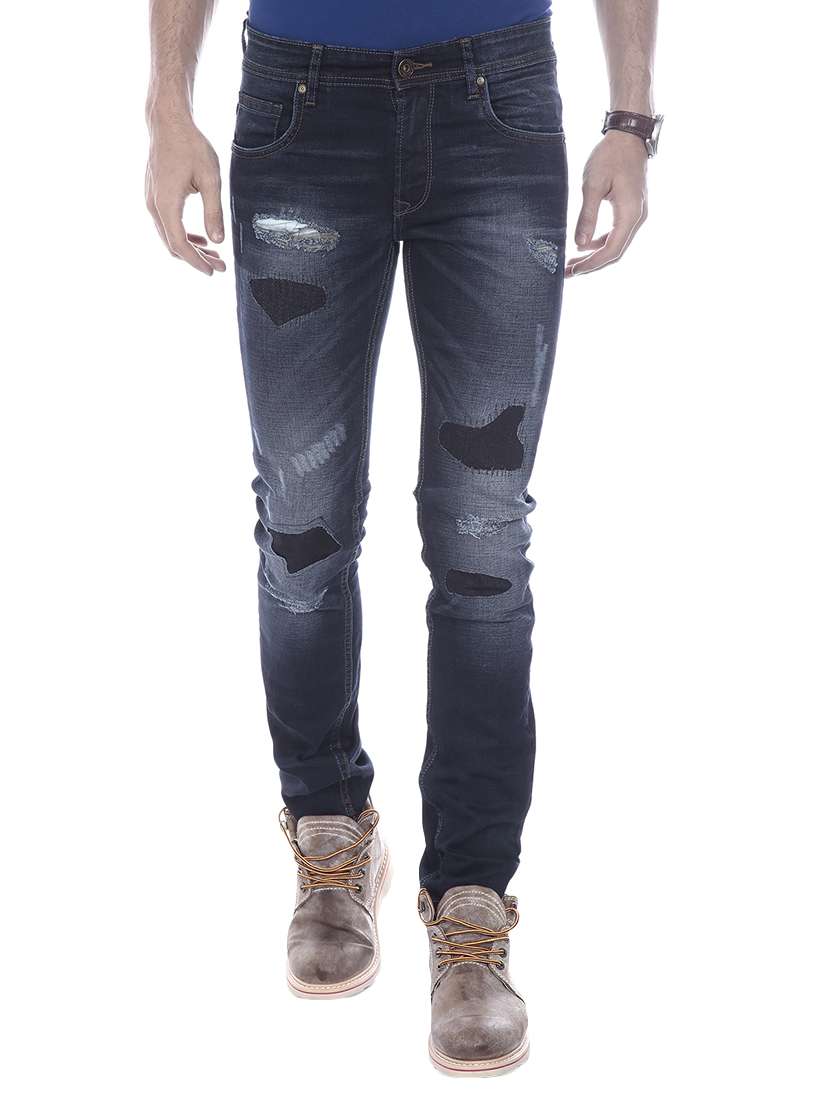 blue cotton patched jeans