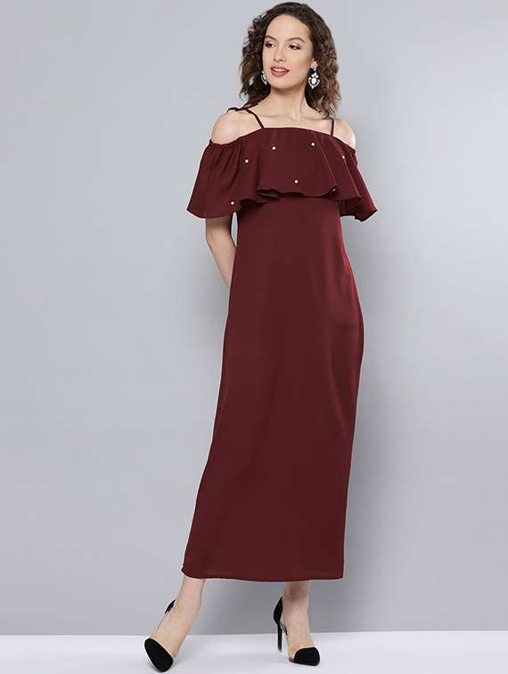 pearl embellished ruffle detail dress