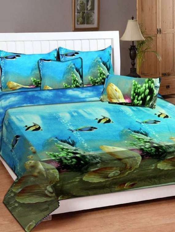 poly cotton printed double bed sheet with 2 pillow covers