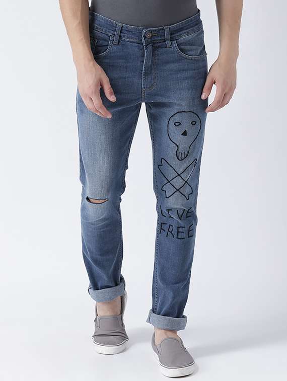 blue cotton blend distressed jeans