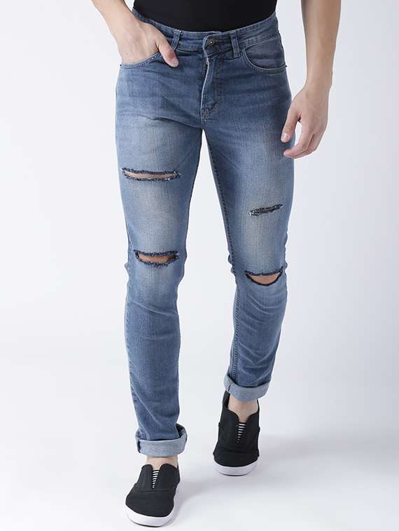 blue cotton blend distressed jeans