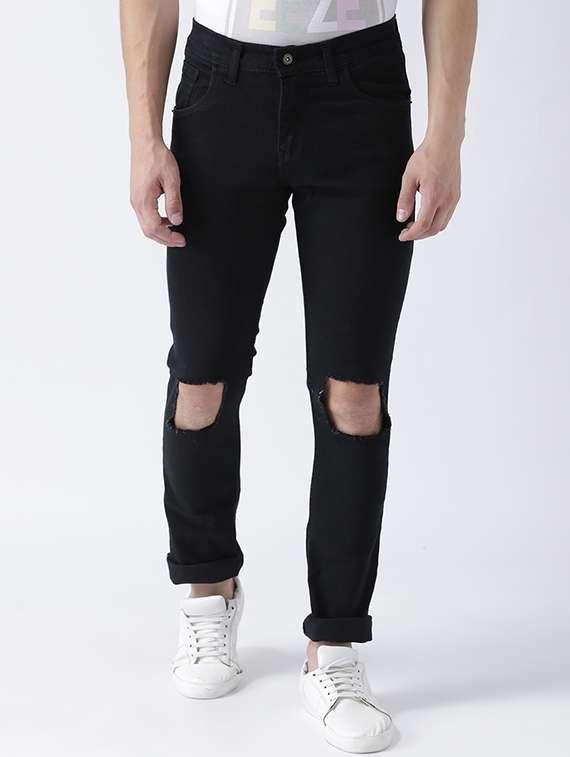 black cotton blend distressed jeans