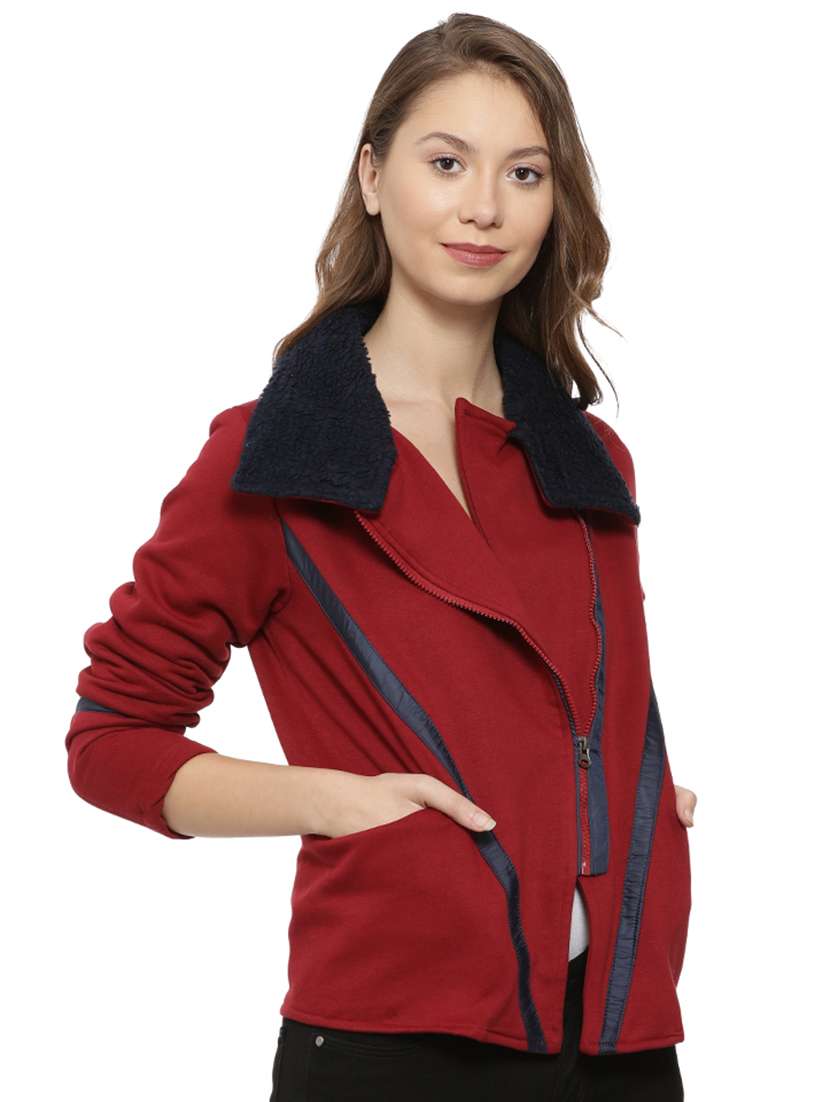 Terrycloth Detail Collar Zip Up Jacket