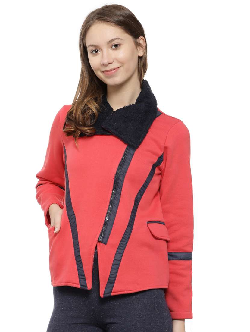 Terrycloth Detail Collar Zip Up Jacket