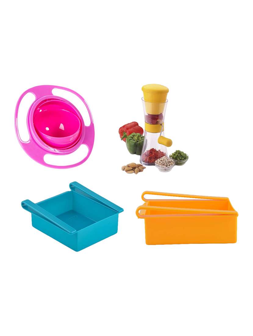 2 pcs multipurpose fridge tray rack drawer + chilli onion garlic cutter chopper + revolving baby lunch box