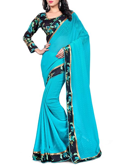 women's bordered turquoise colored saree with blouse - 15476057 -  Standard Image - 0