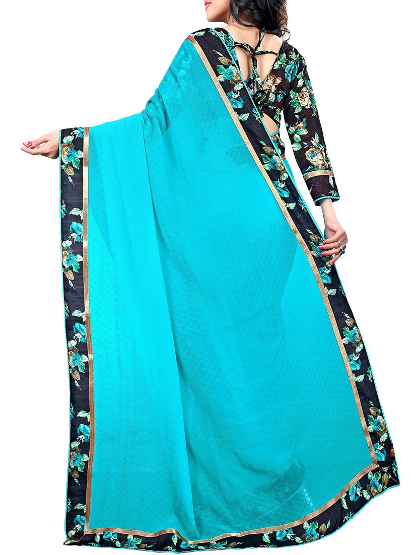 women's bordered turquoise colored saree with blouse - 15476057 - Standard Image - 2