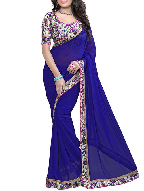 women's bordered navy blue colored saree with blouse - 15476058 - Standard Image - 0
