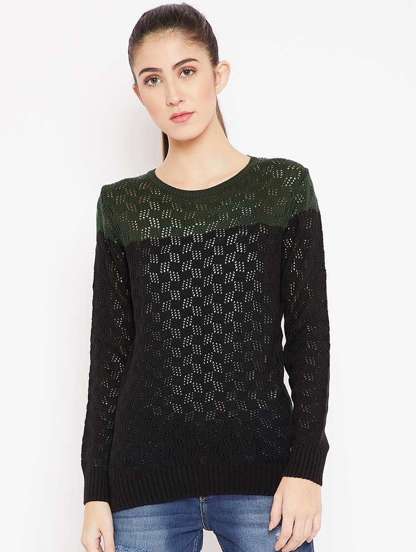 pointelle knit color block pullover