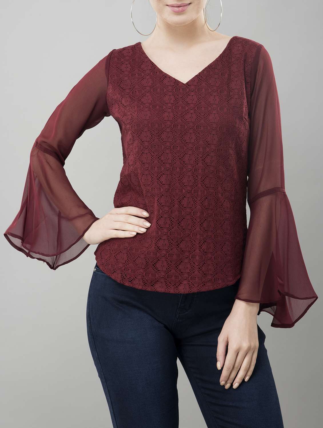 sheer bell sleeved lace top