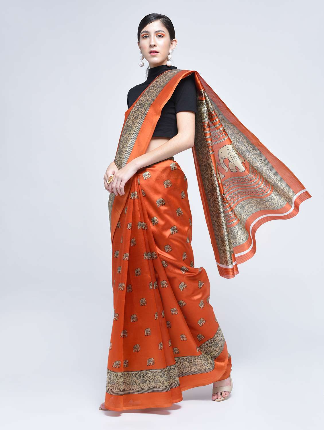 conversational printed orange saree with blouse