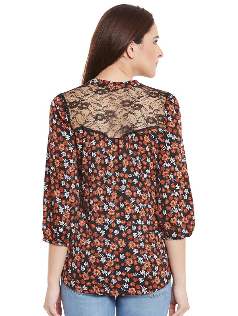 lace detail tie up neck printed top - 15482696 - Standard Image - 2
