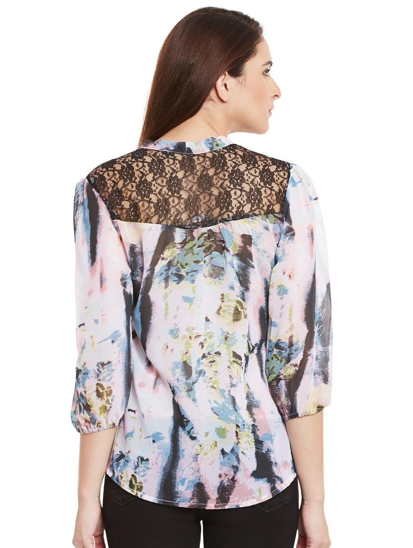 lace detail tie up neck abstract print top - 15482697 - Standard Image - 2