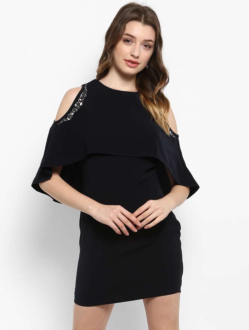 embellished shoulder detail overlay bodycon dress