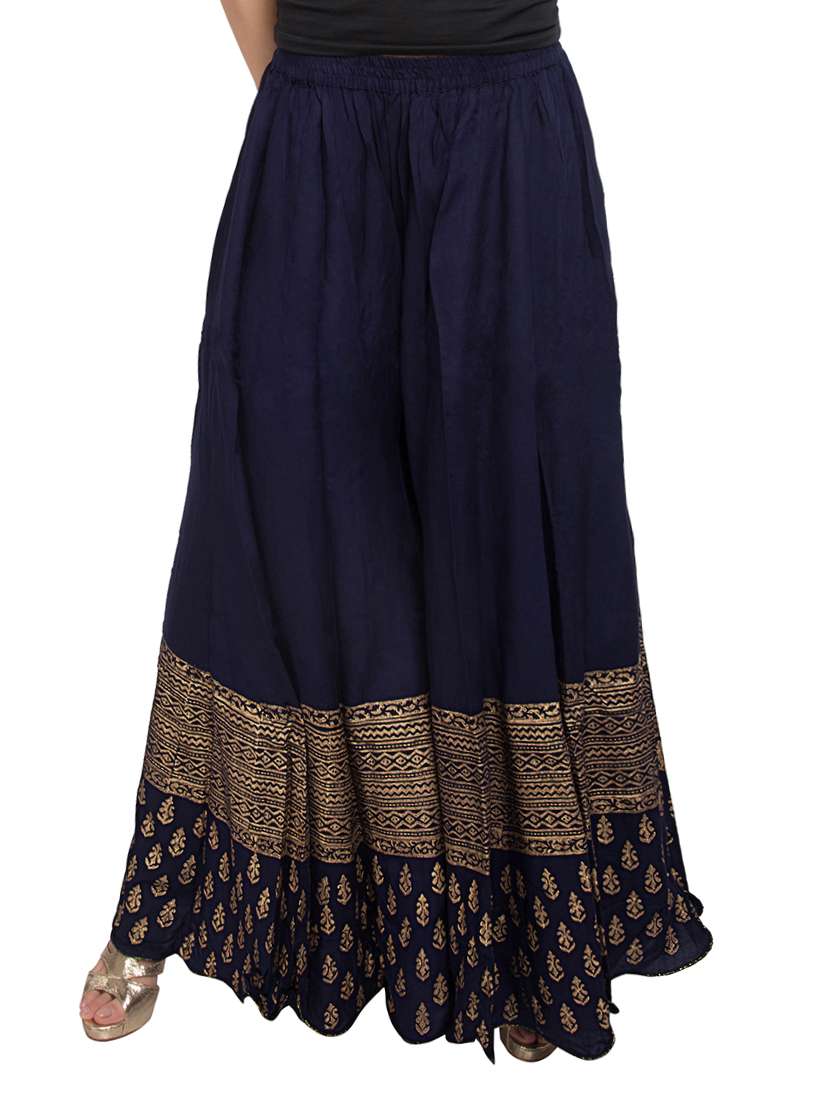 navy blue foil printed flared palazzo