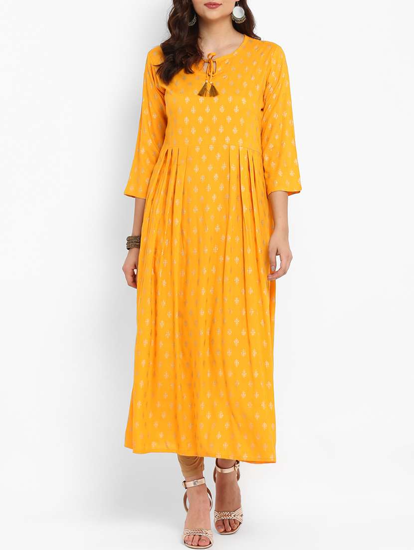 flared block printed kurta with tassels