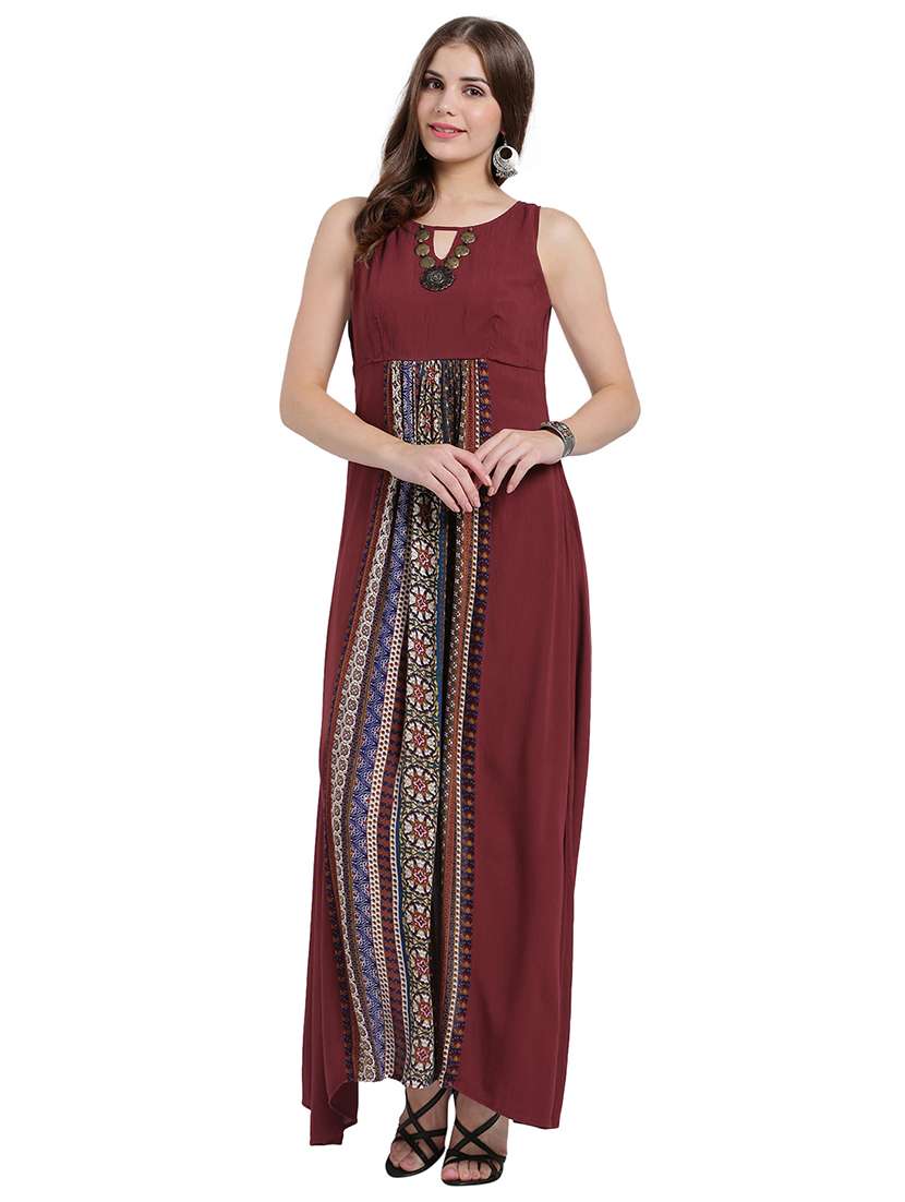 keyhole embellished neck printed maxi dress