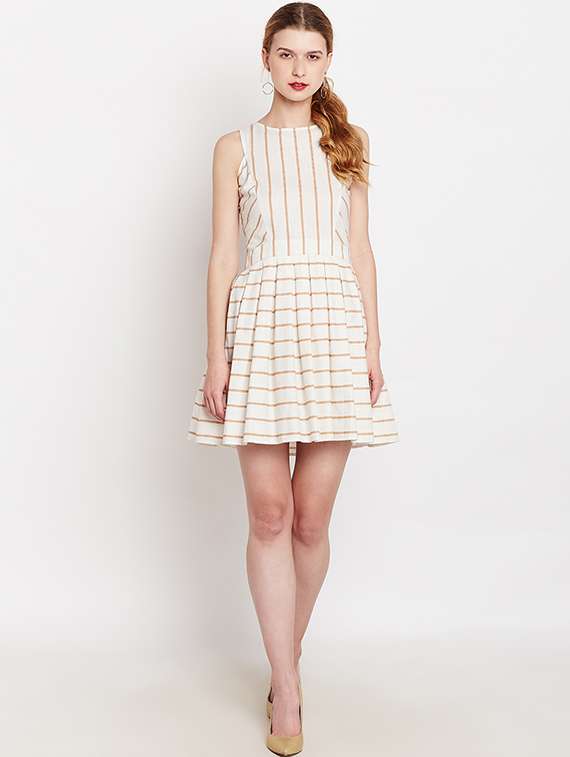 pleated striped fit and flare dress