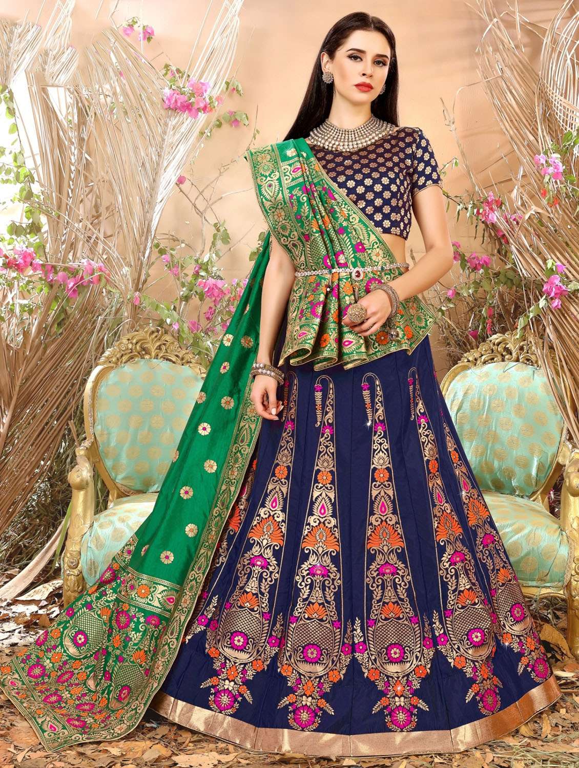 banarasi flared lehenga with contrast dupatta