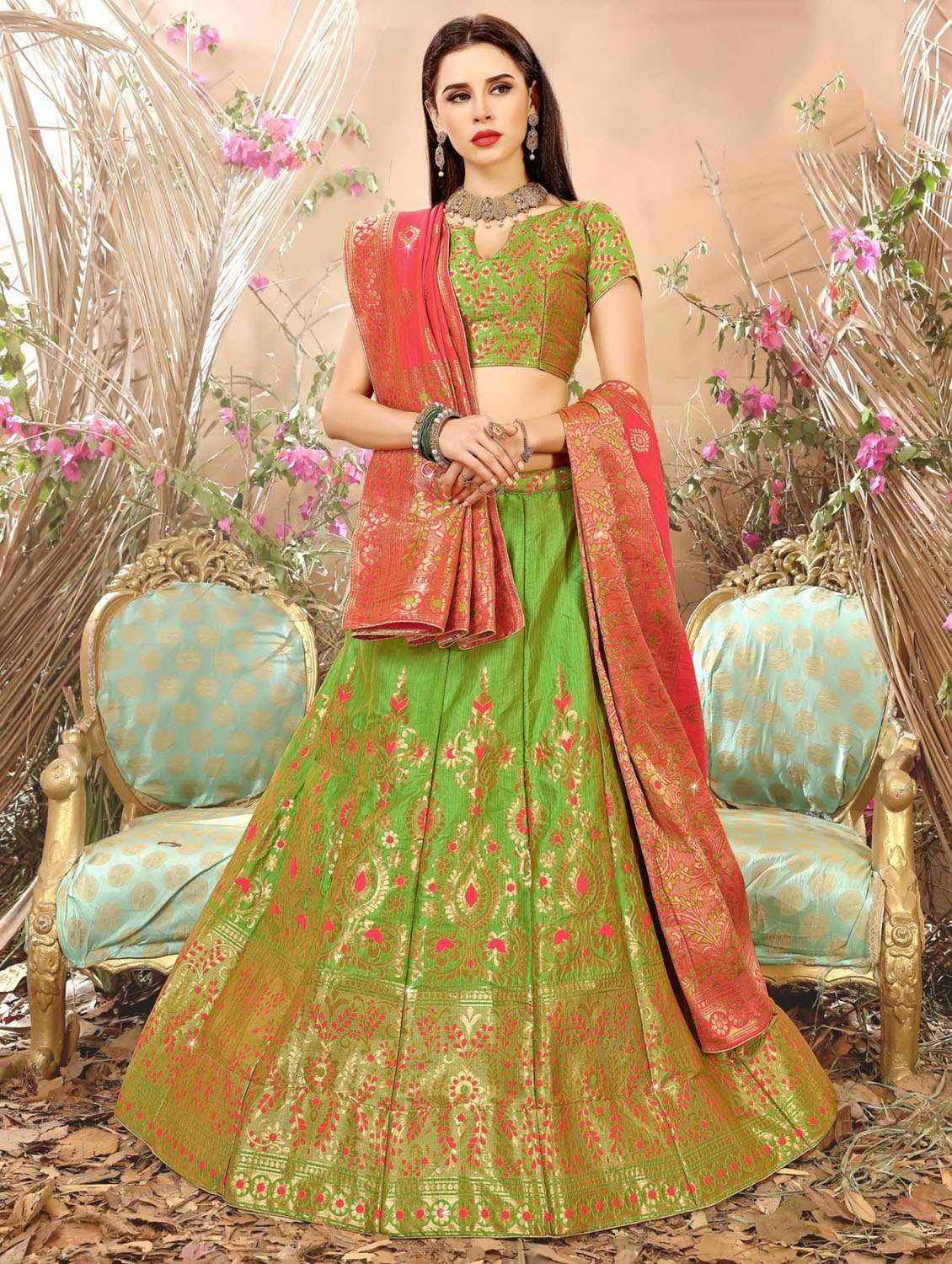 banarasi flared lehenga with contrast dupatta