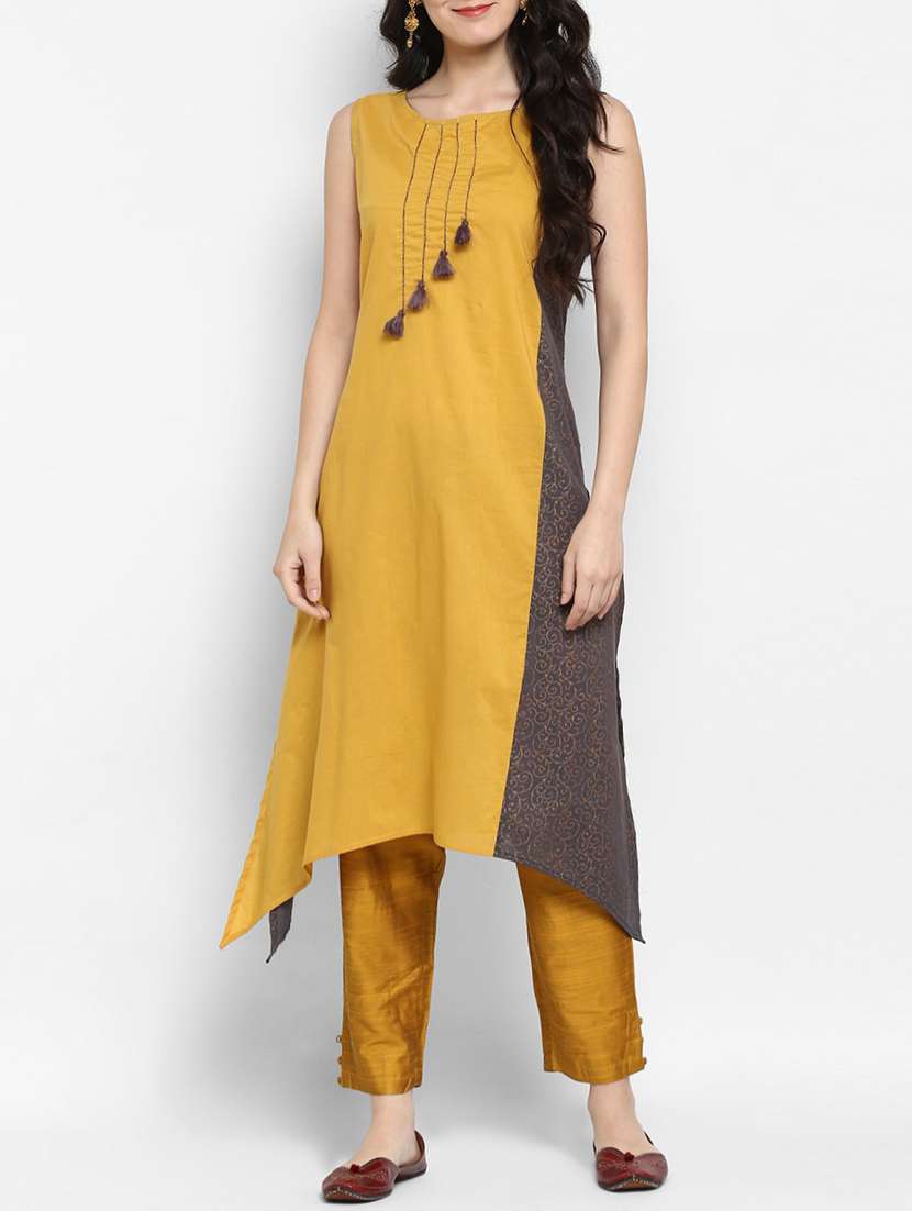 asymmetric color block kurta with tassels