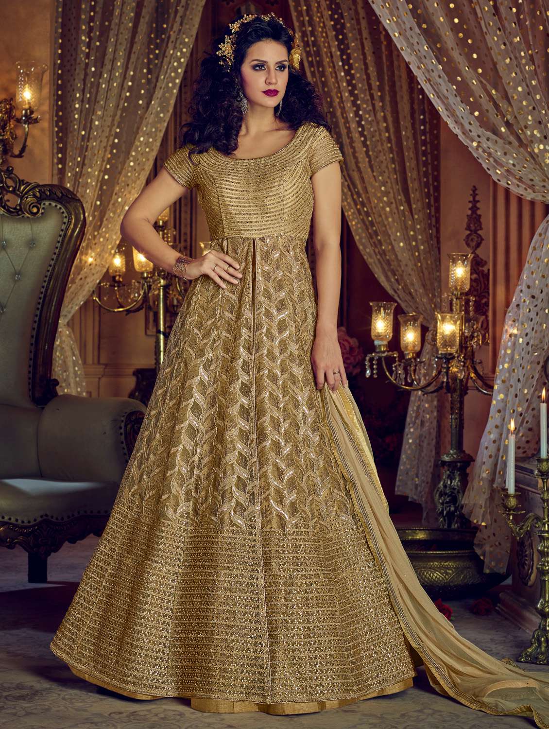 gold embroidered kalidaar high slit suit