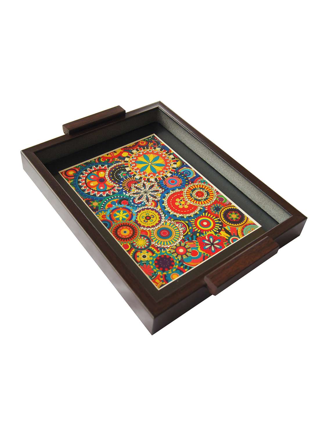 handmade sparkling stone work wooden tray