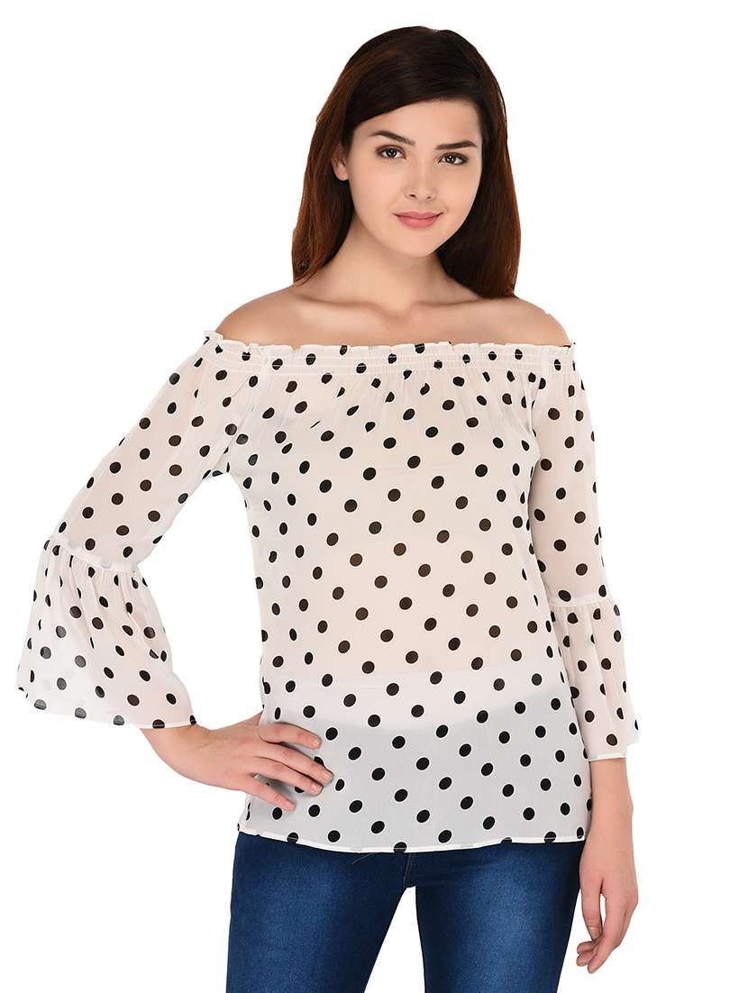 off shoulder polka dot bell sleeved top