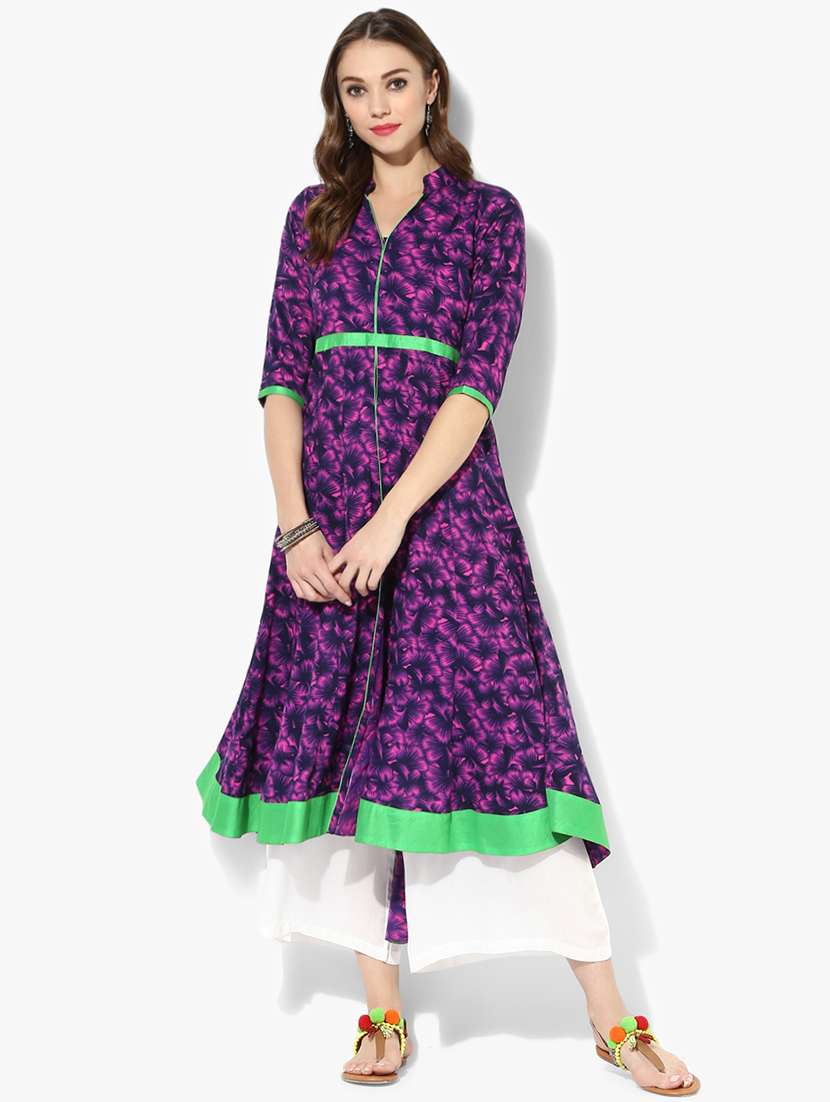 printed contrast piping anarkali kurta