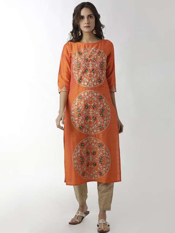 orange embroidered straight kurta