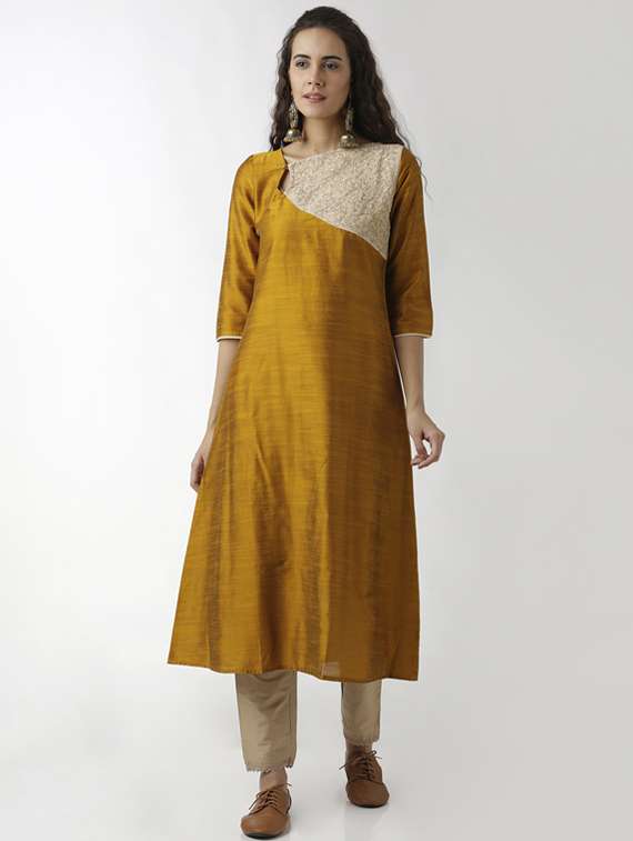gold silk  a line embroidered kurta