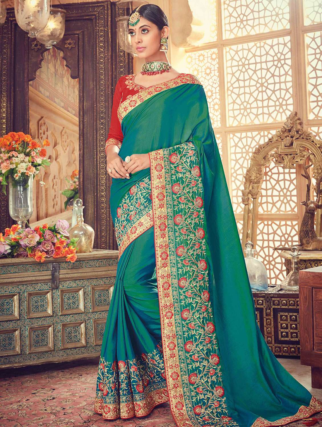 zari floral bordered saree with blouse