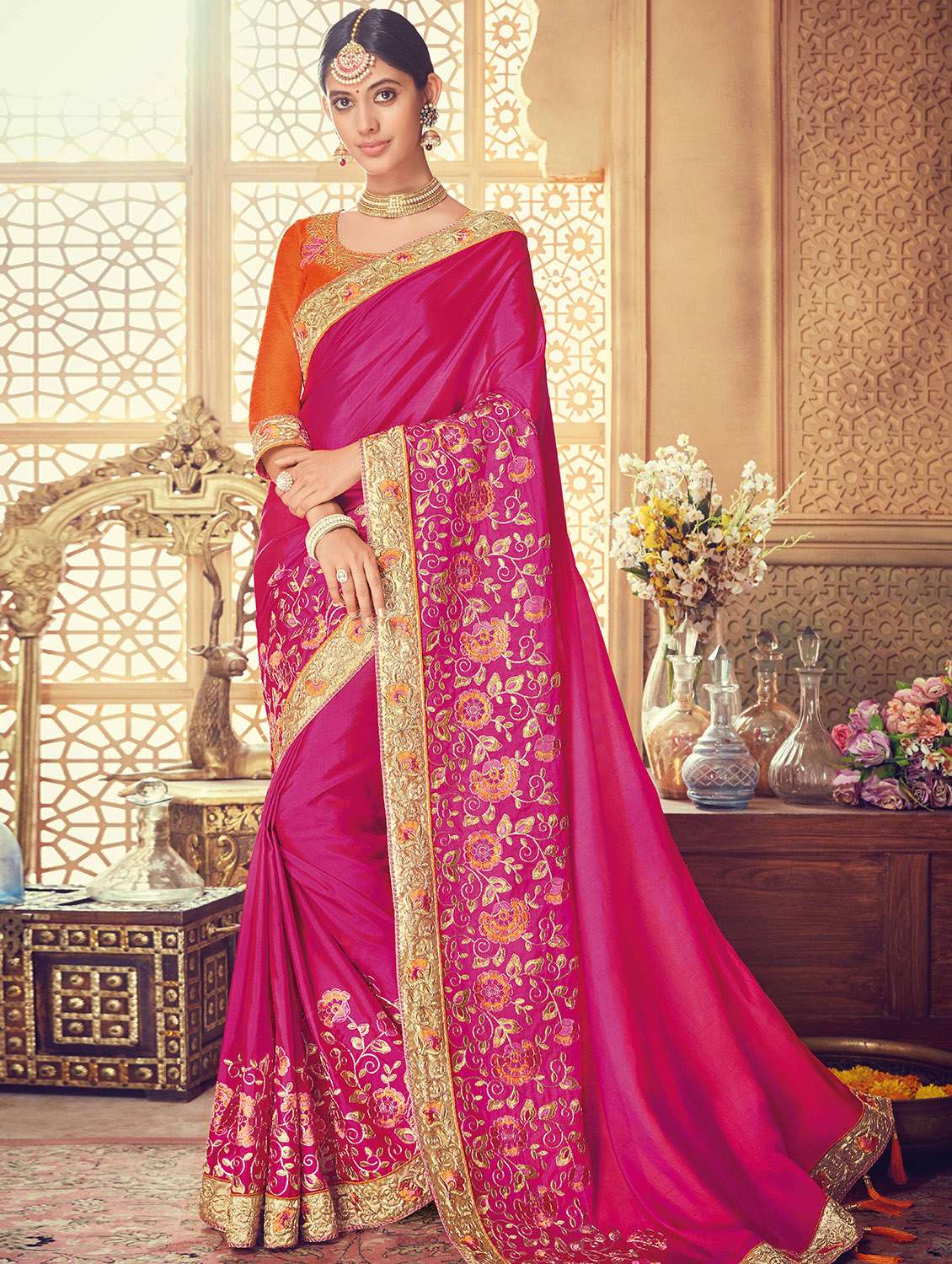zari floral bordered saree with blouse