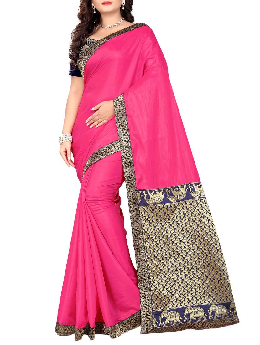 women's bordered pink colored saree with blouse