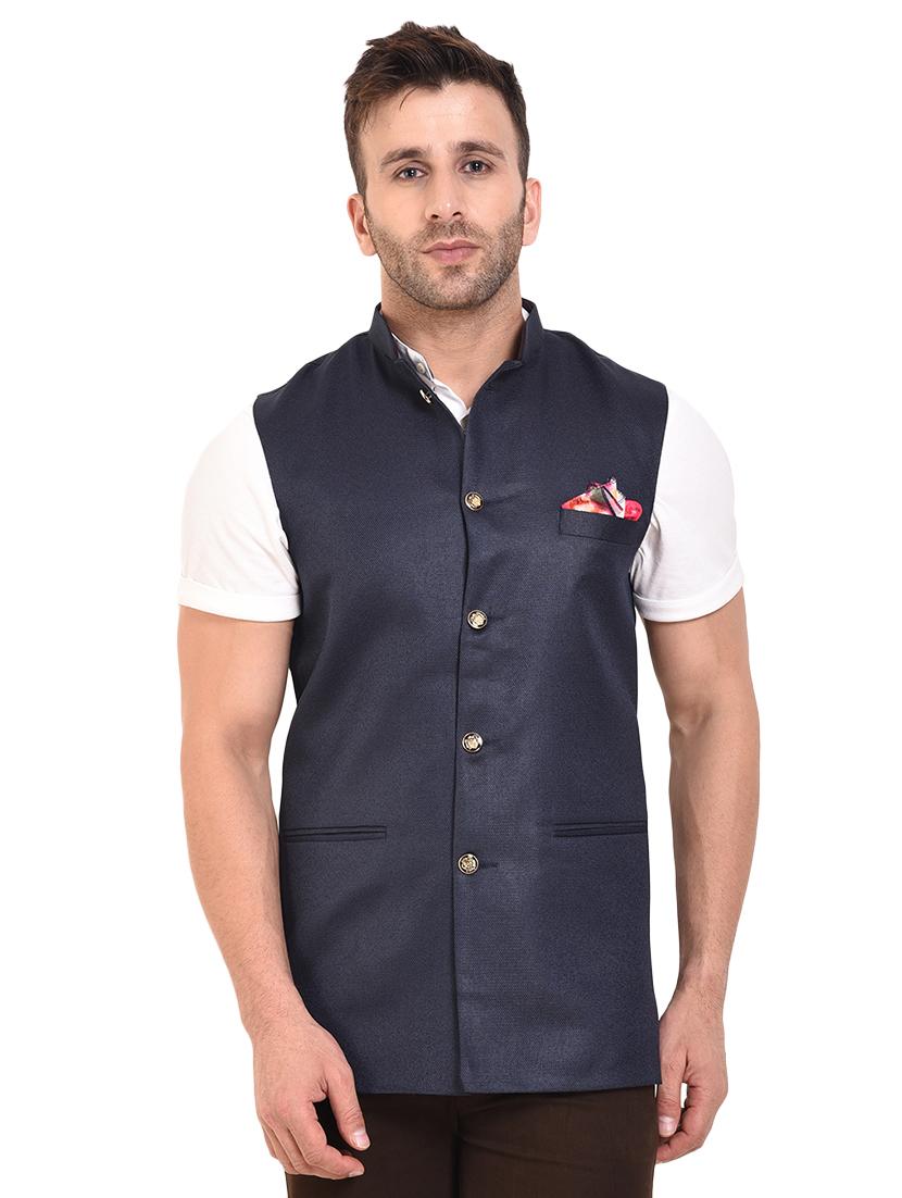 navy blue cotton nehru jacket