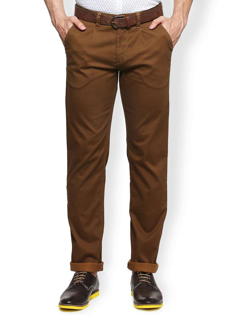 brown cotton flat front casual trousers