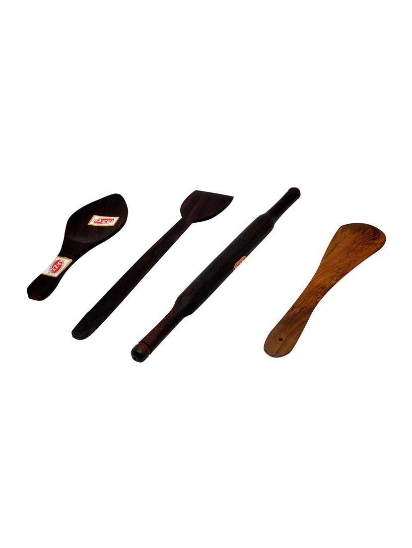 hazel wooden taveta ,belan, spatula, rice spoon combo small, dark brown, 4 pc set